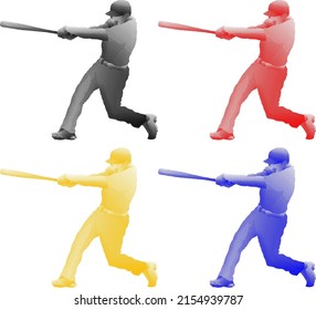 Set Of Colorful Benday Dot Imprint Of Baseball Batter Hit A Home Run Ball, Isolated Against White. Vector Illustration.