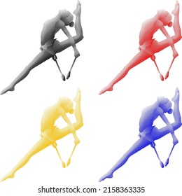 Set of colorful benday dot imprint of female rhythmic gymnast perform the flying split while holding the club apparatus, isolated against white. Vector illustration.