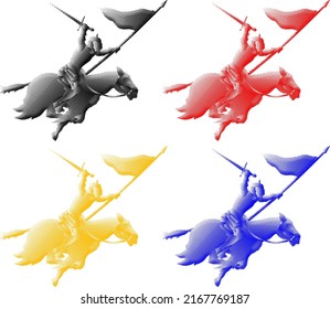 Set of colorful benday dot imprint of medieval knight on a warhorse charging into battle with a broadsword and flag, isolated against white. Vector illustration.