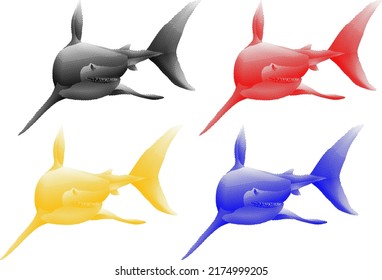 Set of colorful benday dot imprint of great white shark, isolated against white. Vector illustration.