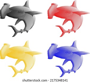 Set of colorful benday dot imprint of hammerhead shark, isolated against white. Vector illustration.
