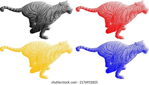 Set of colorful benday dot imprint of tiger sprinting away, isolated against white. Vector illustration.