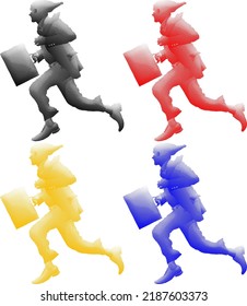 Set of colorful benday dot imprint of a robber in businessman suit and ski-mask running away with a briefcase for the concept of corporate criminal, isolated against white. Vector illustration.