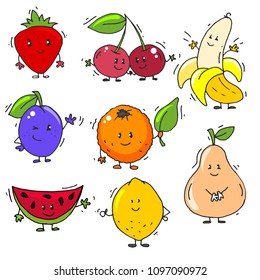 A set of colorful berries and fruits with faces, hands and feet for design. The image of a plum, orange, lemon, slices of watermelon, cherry, banana and strawberry.