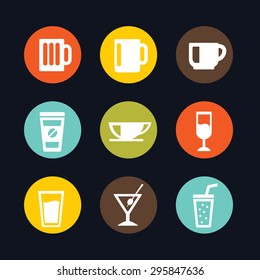 Set of colorful beverage glass and cups flat icon vector illustration