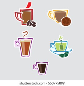 Set of colorful beverage icons featuring coffee, tea, and hot drinks in a flat vector illustration style. Includes mugs, cups, coffee beans, steam elements, and citrus details, designed with clean outlines and vibrant colors. Ideal for menus, café branding, packaging, mobile apps, websites, stickers, and food-related graphic design projects.