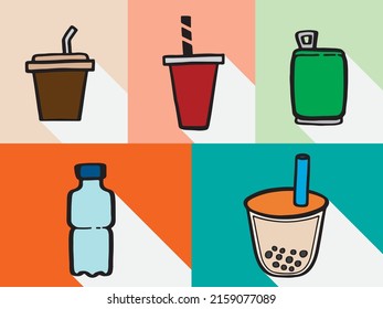 Set of colorful beverages with doodle hand drawn style. Vector of cartoon drawing. Isolated beverages icon for background, menu, cafe, drink, food restaurant, interior, decoration. separate layers.