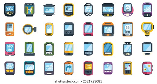 Set of colorful bicycle computer icons in flat style, showing speed, distance and time