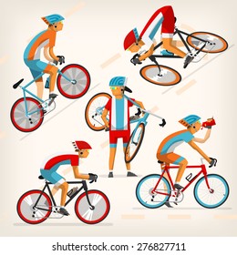 Set of colorful bicycle riders training for competition at cycling track