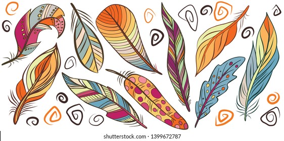 Set of colorful bird feathers isolated on white. Vector. Creative bohemia concept for wedding invitations, cards, tickets, congratulations, branding, logo label, emblem.