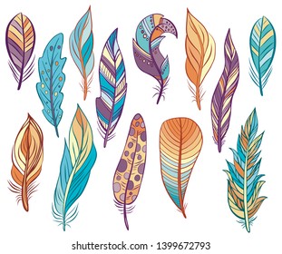 Set of colorful bird feathers isolated on white. Vector. Creative bohemia concept for wedding invitations, cards, tickets, congratulations, branding, logo label, emblem.