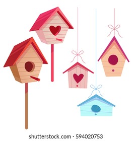 Set of colorful bird houses isolated on white background. Cute cartoon style. Vector illustration.