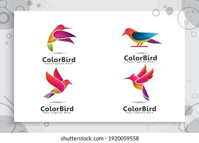 Conjunto de diseño del logo del vector de pájaro colorido con estilo moderno , ilustración de pájaro abstracto digital.