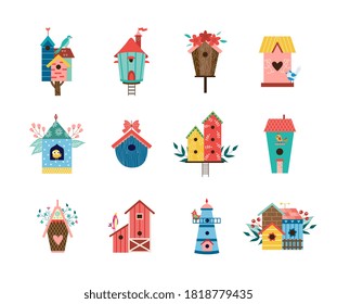 Set of colorful birdhouses. Beautiful houses for birds concepts for living and eating animal food, flat cartoon vector illustration isolated white background