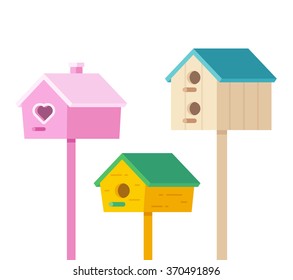 Set of colorful birdhouses in flat cartoon style. Isolated vector illustration.