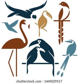 Set of colorful birds. Bird logo silhouettes. Vector Flamingo, Toucan, Cockatoo, Hummingbird, Eagle, Parrot, Forty