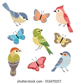 Set colorful birds   butterflies isolated white background 