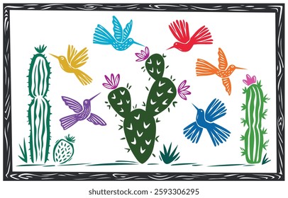 Set of colorful birds and cacti in the style of Brazilian cordel woodcut. Colibris and desert cacti. Vector illustration