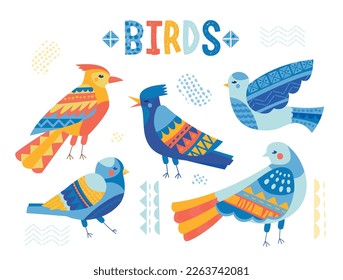 Conjunto de pájaros coloridos. Colección de caracteres azules y amarillos con alas y plumas. Símbolo de primavera y verano del año. Ilustraciones de caricaturas de vectores planos aisladas en fondo blanco