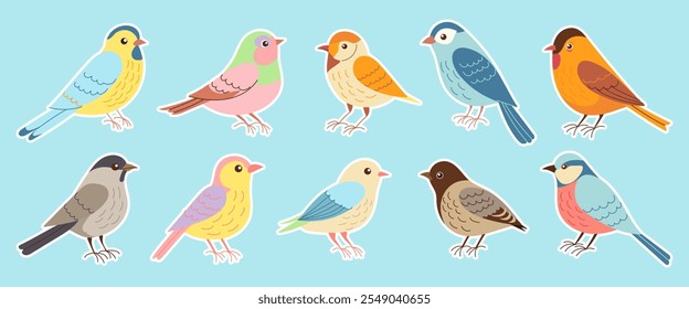 Um conjunto de pássaros coloridos com diferentes cores e tamanhos. As aves estão dispostas em fileira, com algumas em pé mais perto do lado esquerdo e outras em direção ao lado direito. A cena é alegre e animada