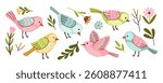 Set of colorful birds and floral elements. Vibrant birds in pastel colors are surrounded by various plants and flowers, creating a cheerful and lively scene, vector illustration 