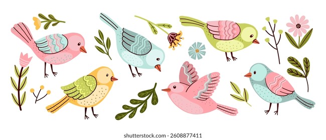 Set of colorful birds and floral elements. Vibrant birds in pastel colors are surrounded by various plants and flowers, creating a cheerful and lively scene, vector illustration 