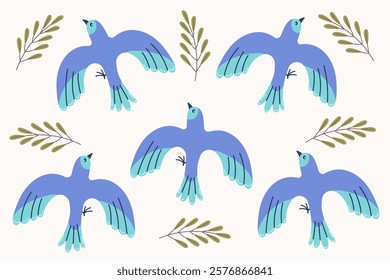 Set with colorful birds. Floral springtime hand drawn illustration.