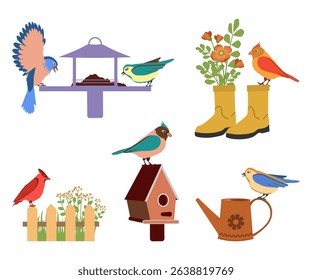 Set of colorful birds and garden tools. Vector illustration.	