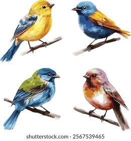 Set of  colorful birds on a Branch. Watercolor Illustration of a Cute Tiny Titmouse with Yellow and Blue on White Background.