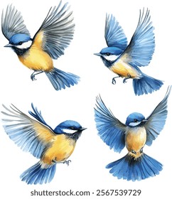 Set of  colorful birds on a Branch. Watercolor Illustration of a Cute Tiny Titmouse with Yellow and Blue on White Background.