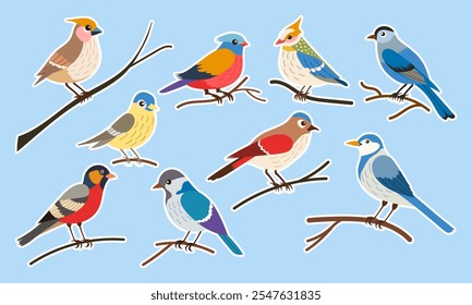 A set of colorful birds are perched on a branch. The birds are of various sizes and colors, including blue, red, yellow, and green. Concept of diversity and harmony