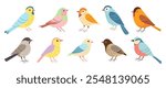 A set of colorful birds in various shades of blue, green, yellow, and red. The birds are arranged in a row, with some standing closer to the left side of the image and others on the right