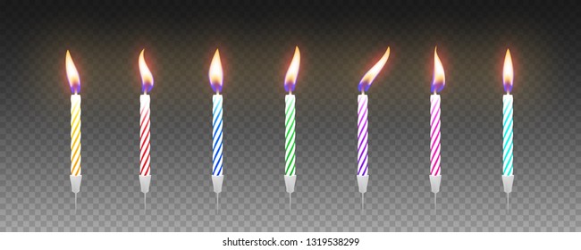 Set of colorful birthday cake candles with burning flames. Vector