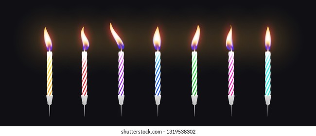 Set of colorful birthday cake candles with burning flames. Vector