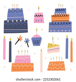 Set colorful birthday cake with candles. Vector hand drawn isolated illustration for Birthday party