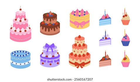 Set with colorful birthday cakes, cake slices and cupcakes with candles. Holiday desserts for anniversary, party. Festive confectionery. Vector flat illustration isolated on white background