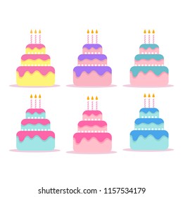 Set of colorful birthday cakes. Isolated. Vector.