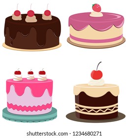 Set of colorful birthday cakes.Cakes icons collection. Different types of beautiful modern cakes, such as chocolate cake, Napoleon cake, tiramisu and cheesecake. Isolated on white.