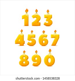 Set of colorful birthday candle numbers. Wick and fire. Vector illustration