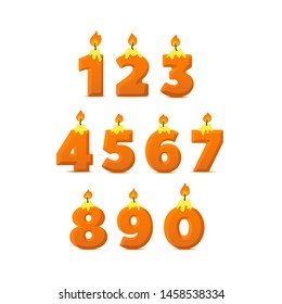 Set of colorful birthday candle numbers. Wick and fire. Vector illustration