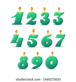 Set of colorful birthday candle numbers. Wick and fire. Vector Illustration White Background.