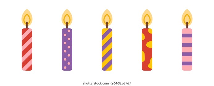 Set of colorful birthday candles in doodle cartoon style. Vector candlelights with glowing flames. Funny festive candles collection for cake decoration and holiday events.