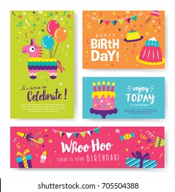 dibujos animados cumpleaños celebracion decoración, niño fiesta elementos.  pastel con velas, verderón banderas, regalos, globos, fiesta sombreros,  piñata vector conjunto 23355782 Vector en Vecteezy