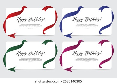 Set of colorful birthday greeting cards with curved ribbon elements and festive messages.