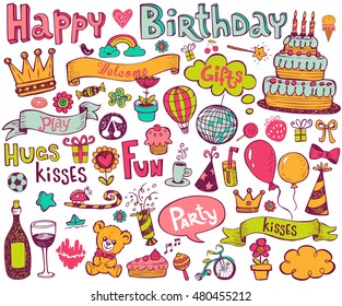 Set of colorful birthday illustrations in doodle style