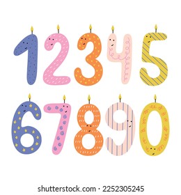 Set colorful birthday number character with candles. Decor for Birthday cake. Vector hand drawn isolated illustration for celebration party