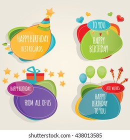 Set of colorful birthday party design elements. Labels, banners and emblems of celebration. Birthday congratulations.