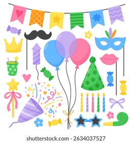 Set of colorful birthday party elements. Holiday decor for celebration. Flat hand drawn vector illustration
