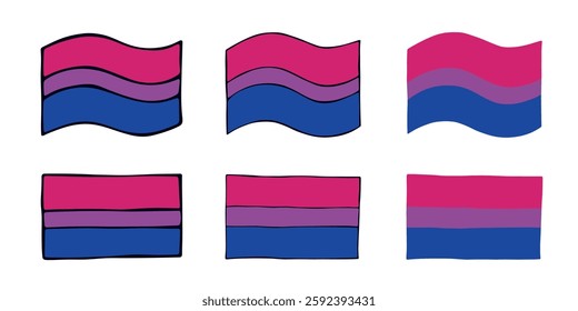 Set of colorful Bisexual pride flag Happy pride day LGBTQIA community Pride Month Vector hand drawn doodle for posters, stickers, logo, cards