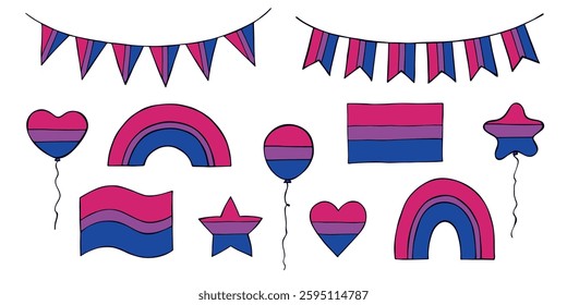 Set of colorful Bisexual pride flag Happy pride day LGBTQIA community Pride Month Vector hand drawn doodle for posters, stickers, logo, cards